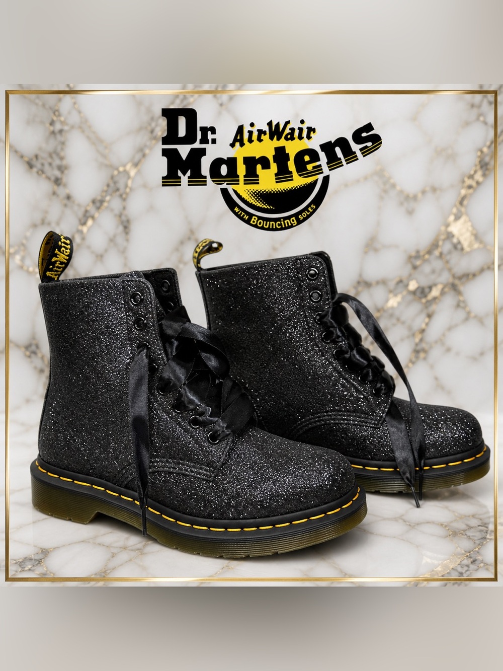 Dr. Martens Black Glitter Lace-Up Boots (Ribbon Laces) – Size 9 US / 7 UK